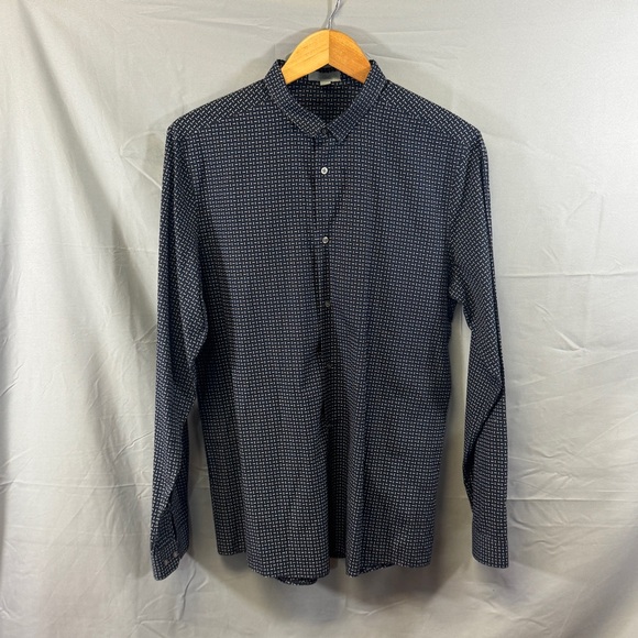 COS Shirt Mens Large Navy Blue Band Collar 100% Cotton Micro Print Long Sleeve - Picture 1 of 7